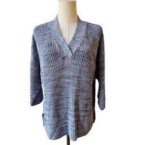 J jill Women's‎ Blue Cotton Heathered V-Neck Long Sleeve Pullover Sweater Small
